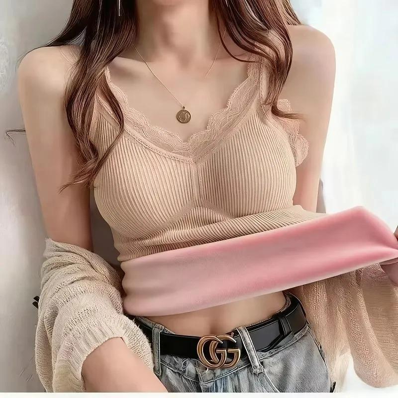 Thermal Underwear Inner Vest For Women Warm Winter Sexy Lace Sleeveless Tank Tops Padded Bra Thermo Thick Slimming Undershirt