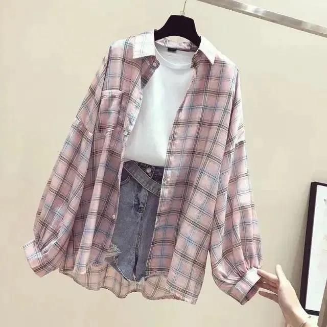Dámská jarní a letní retro volná kostkovaná košile s klopami a knoflíky, ležérní bunda s ochranou proti slunci