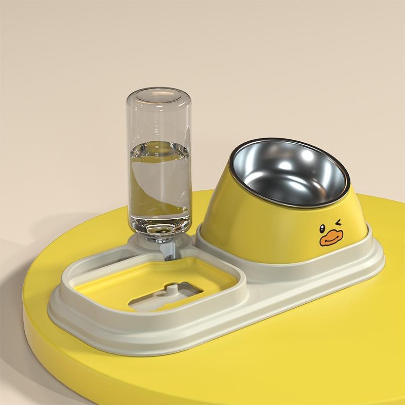 Stainless Steel Pet Bowl - Cat and Dog Food Dish with Anti-tip Feature and Neck Protection, Combined with A Double Bowl for Water and Food.