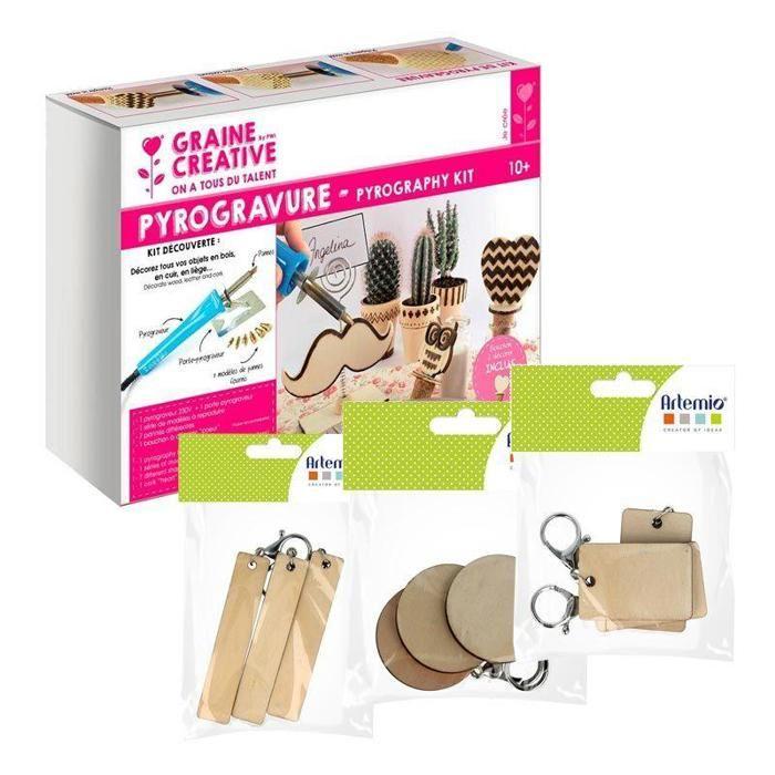 Coffret pyrogravure + 9 porte-clés bois à décorer