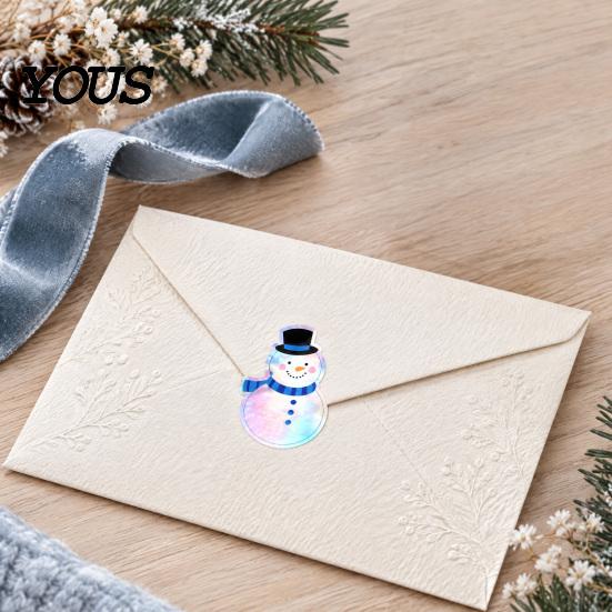 Self-adhesive Coated Paper Labels 500PCS Shiny Snowman Stickers, Waterproof Self Adhesive Labels, Round Roll of 500 Christmas Tags Decorative