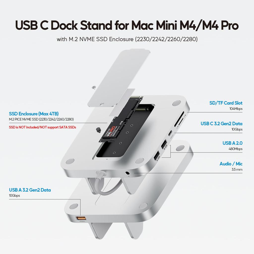 PULWTOP 8 in 1 USB C Hub for Mac Mini Pro 2024 Stand Vertical 1 x Gen 2 2 x 1 x Audio 1 x Card Capacity Expansion with PCIe SSD Slot Not M4/M4
