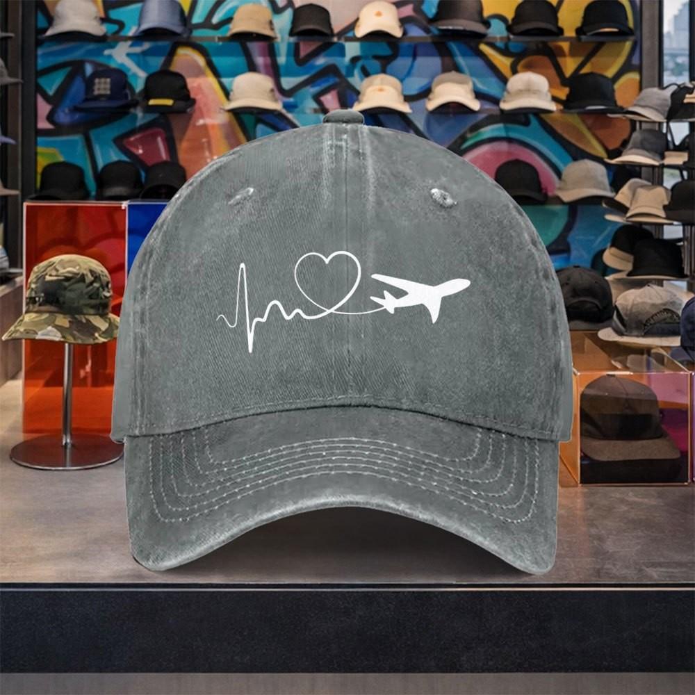 Airplane Heartbeat ECG Print Washed Baseball Cap Vintage Adjustable Cotton Outdoor Travel Hat