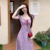 Coffee Break French Gentle Temperament Purple Floral Dress Super Good-looking Unique and Beautiful Waist A-word Long Dress Summer