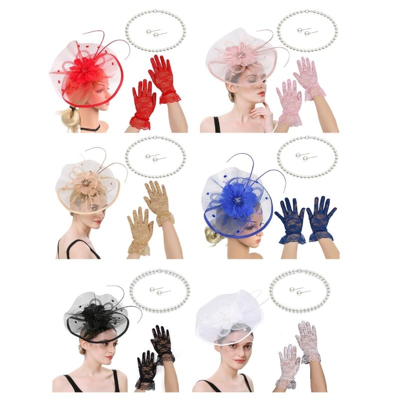French Fascinator Hat with Necklace Gloves Ear Studs Costume Set For Horse Racing Event and Halloween Party Dressingup