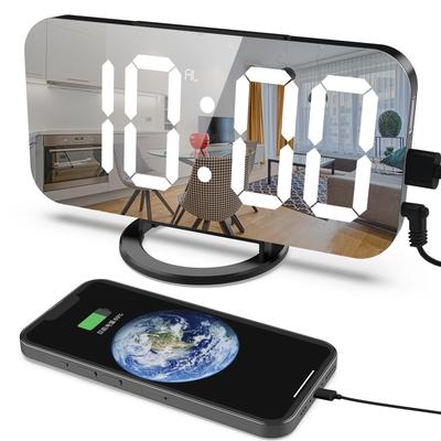Dijital Ayna Çalar Saat Elektronik LED Zaman Göstergesi, 2 USB Şarj Bağlantı Noktası, Büyük Sayılar, Otomatik Dimmer, Şık Modern Tasarım Çalar Saat