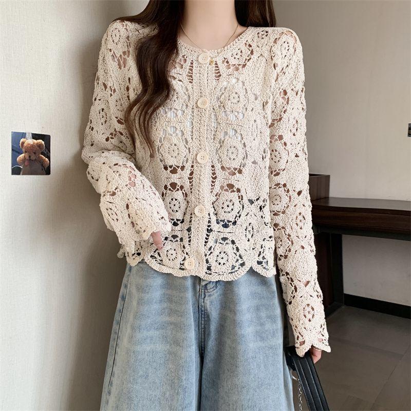Autumn New European Plus Size Women Clothing Round Neck Single-Breasted Crochet Embroidered Hollow Long Sleeve Cover Up Vacation Sun Protection Shirt