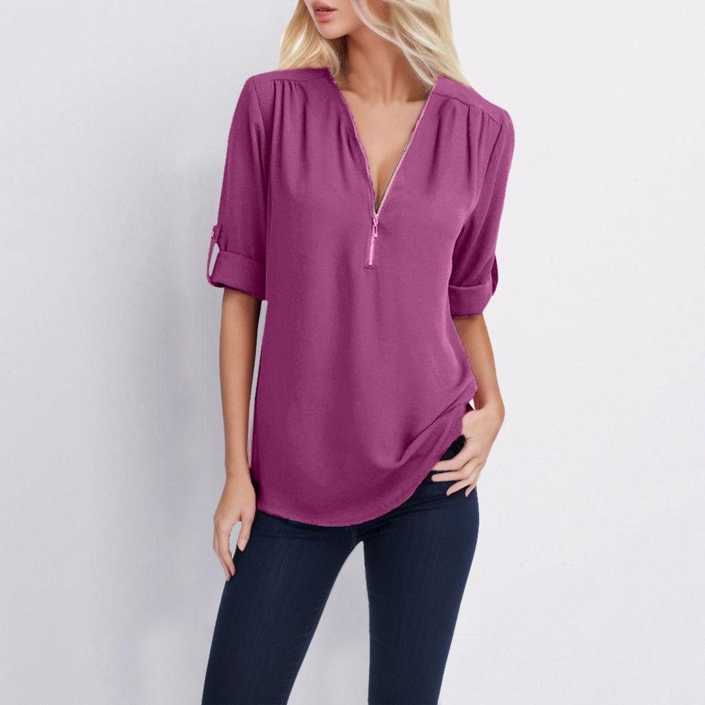 Summer and Autumn Shirt V-neck Zipper Large Size Women's Long Sleeve Can Roll Sleeve Short Sleeve Loose Shirt
