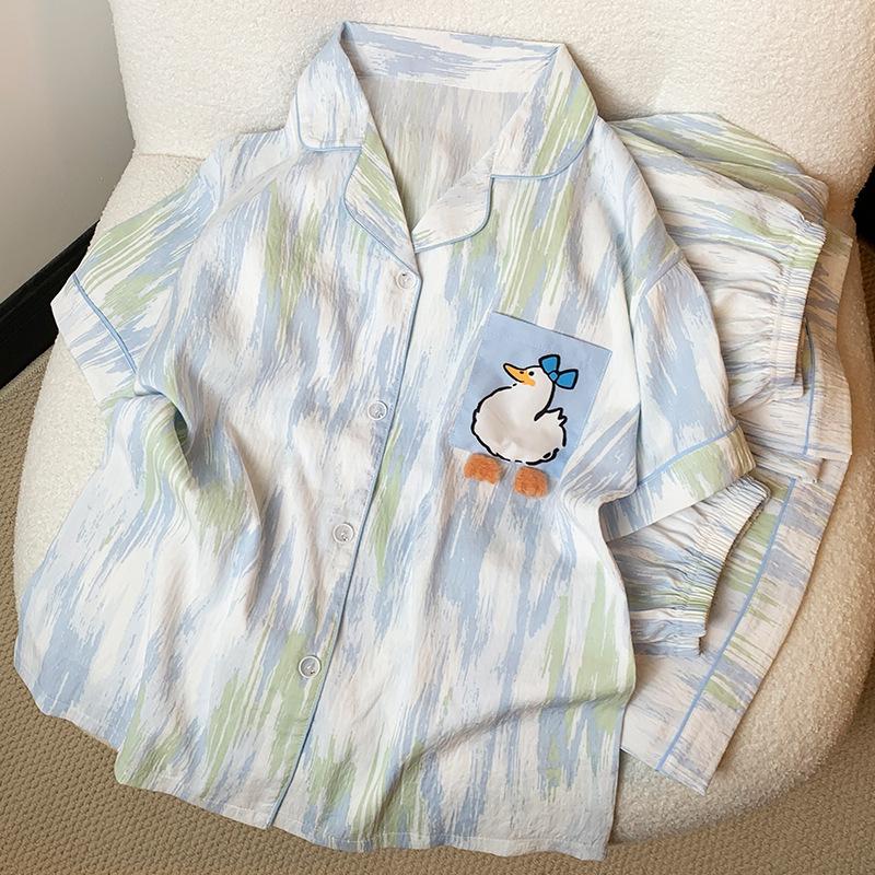 Cloud Cotton Pajamas Women'S Short-Sleeved Three-Piece Set Color Matching Irregular Loungewear