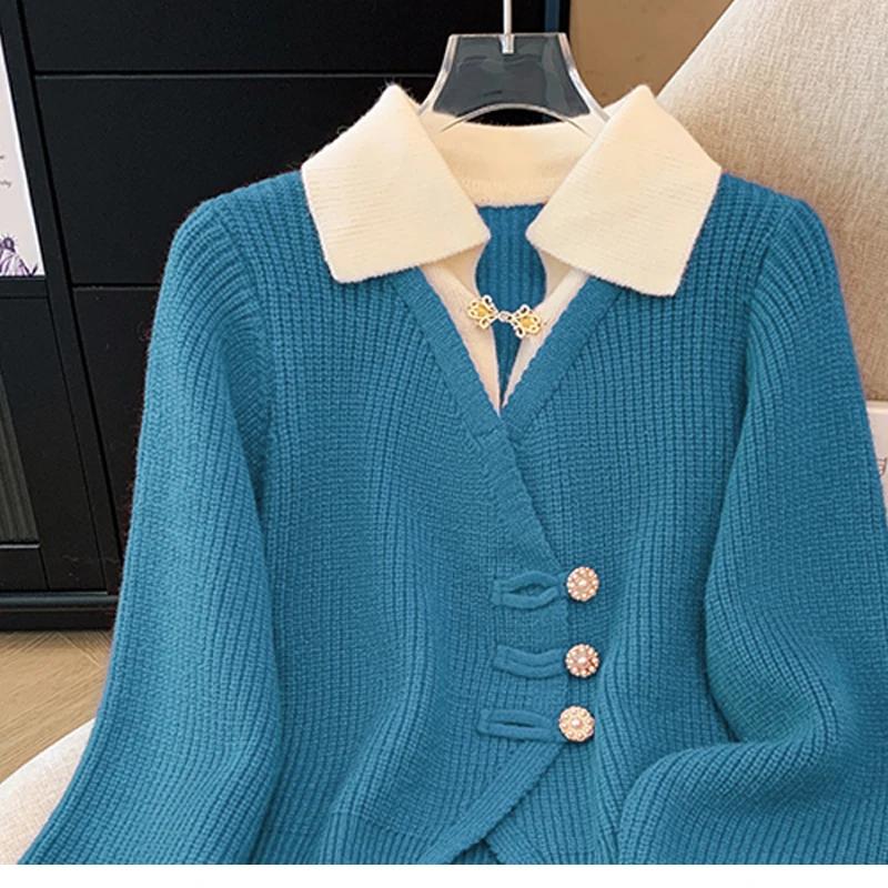 Autumn Spring Design Splicing Slim Women Knitted Cardigan Sweater Jacket Fashion Fake Two Items Loose Ladies Top