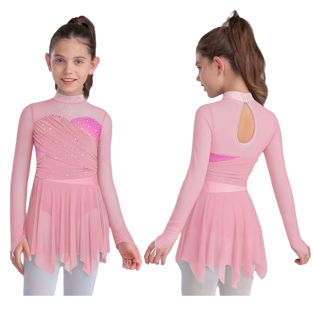 Kinder Mädchen Lyrisches Tanz Eiskunstlauf Kostüm Rollkragen Langarm Glitzernde Strasssteine Unregelmäßiger Saum Raffung Netz Kleid Tanzkleidung