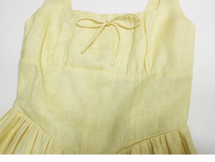 In Stock: 2025 Summer Yellow Linen Square Neck Mid-Length French Vacation Dress