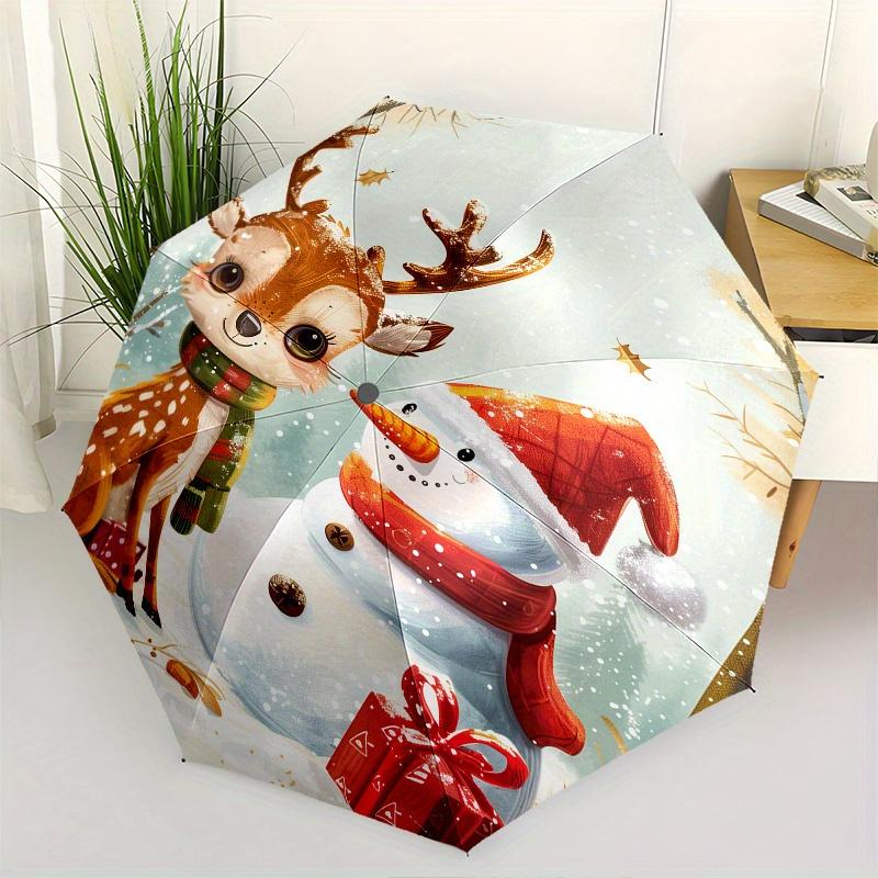 

Deer, Snowman Theme 8 Bone Hand Automatic Folding Umbrella, Compact and Portable Design, A Perfect Gift for Birthday, Christmas or Business