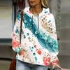 Women Plus Size White Blue Gray Printed Long Sleeve Drawstring Hood Kangaroo Pocket Pullover Hoodie