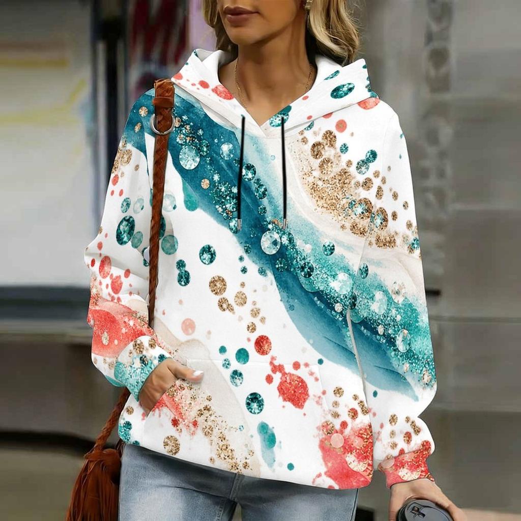 Women Plus Size White Blue Gray Printed Long Sleeve Drawstring Hood Kangaroo Pocket Pullover Hoodie