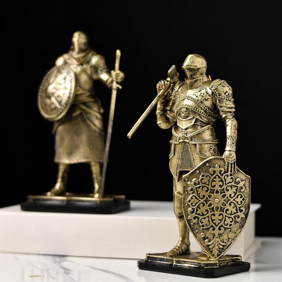 Medieval Knight Figurine, Vintage Resin Statue with Metallic Finish, Handcrafted Armor & Shield Details for Bookshelf, Office Desk Decor, Industrial
