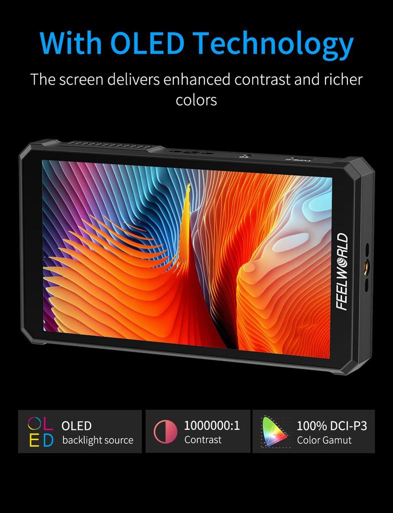 FEELWORLD PS6 5.5" OLED VerticalHorizontal Camera Field DSLR Monitor, 550nit 1080P Touchscreen, 4K 60Hz HDMI InputOutput, F550 and Case, Lightweight