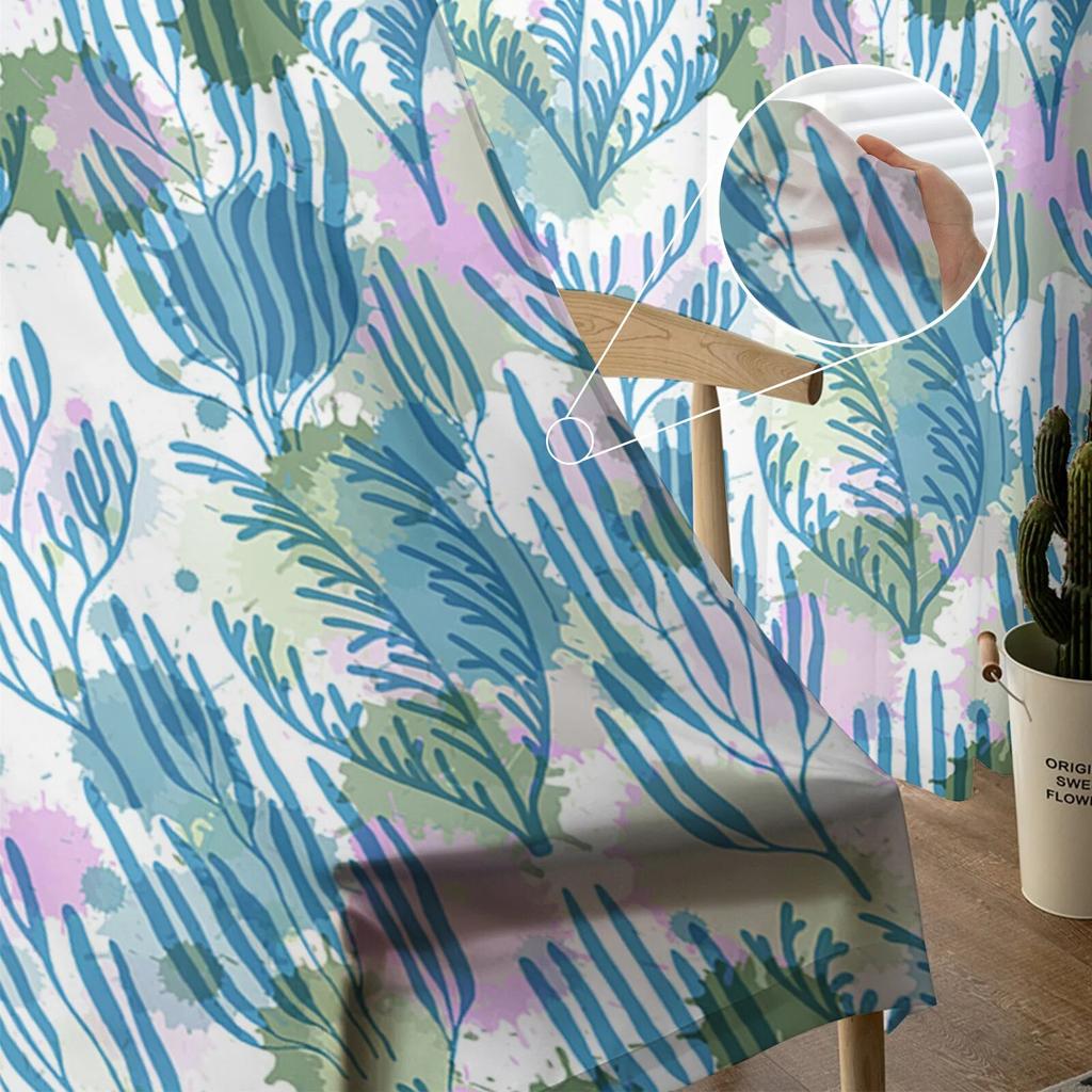 Seagrass Coral Ocean Watercolor Sheer Curtains Transparent Voile Tulle for Bedroom Window Holiday Decoration