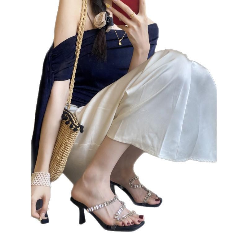 New rhinestone square head open-toed high-heeled cool slippers transparent belt fashionable hollow high heels women's sandals