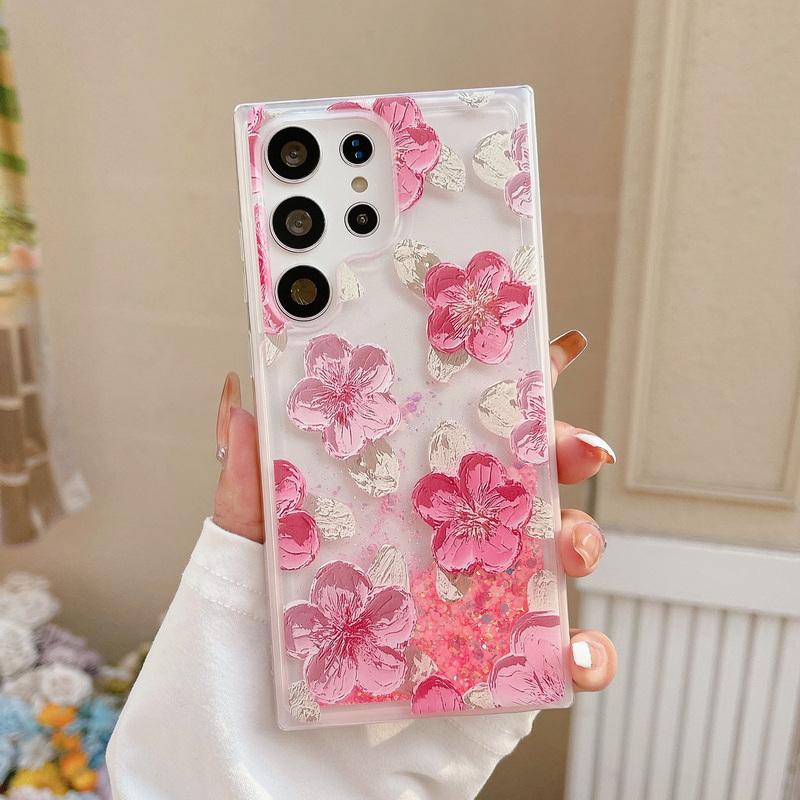 Leuchtende Flüssig-Treibsand-Hülle mit Blumendruck für Samsung S25 Ultra S24 Plus S23 S22 A55 A35 A15 Transparent Stoßfest Anti-Fall Handyhülle