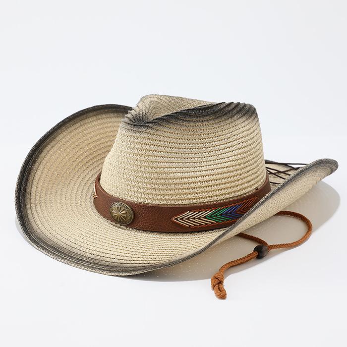 Ethnic Style Straw Woven Western Cowboy Hat, Summer Travel Photo Big Edge Straw Hat, Outdoor Beach Sunshade Sun Protection Hat