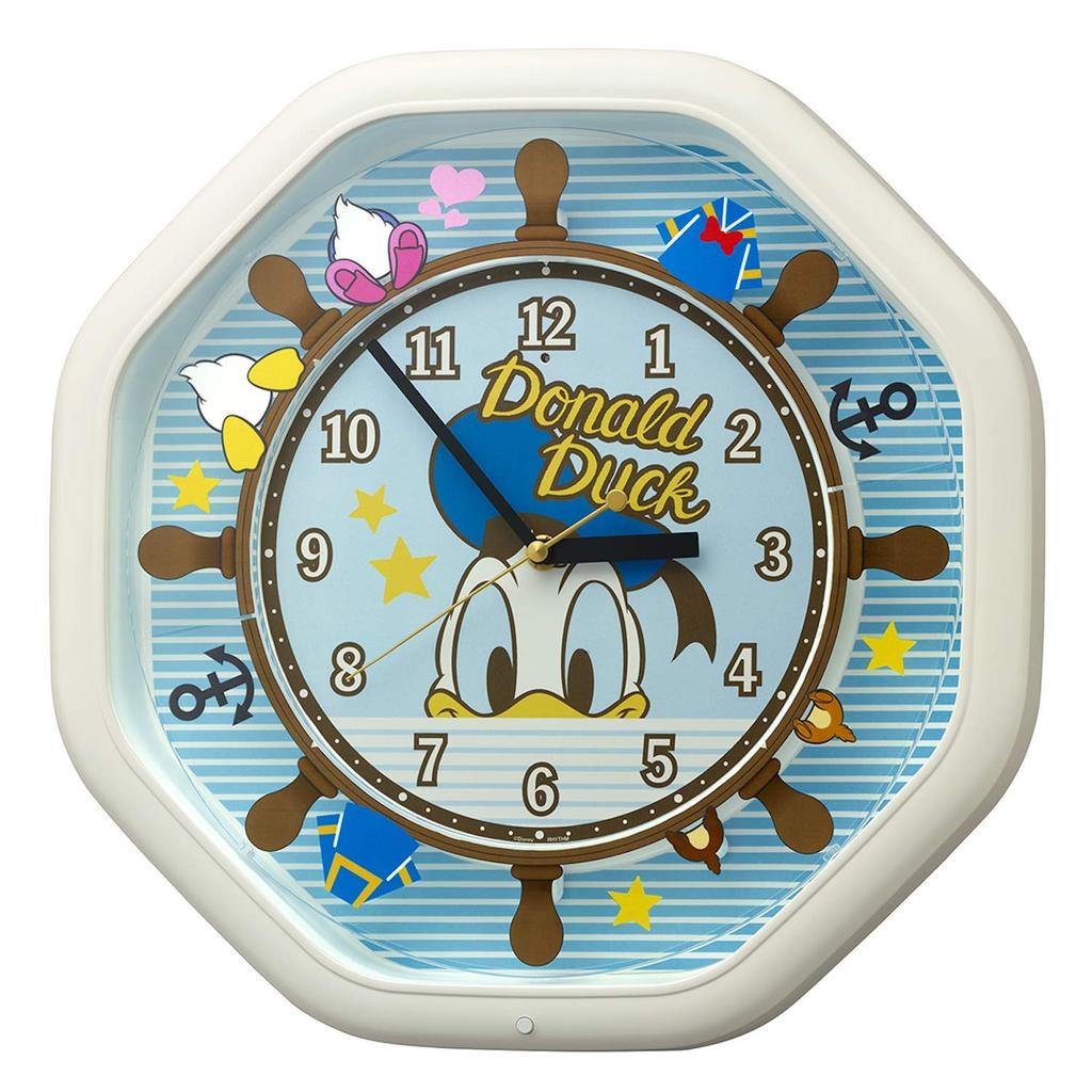 RHYTHM Disney Donald Duck Wall Musical Clock with 4 Disney 4MH441MC03 Clock, Songs, White, 37x37x9.3cm,