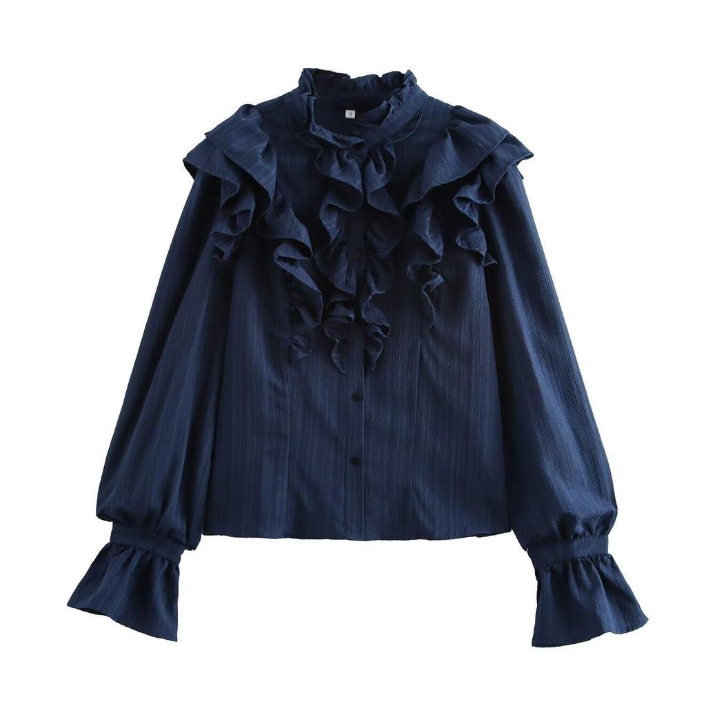 European and American Style, New Women's Clothing, Fashionable and Versatile Temperament, Textured Ruffle Edge Horn Sleeve Shirt