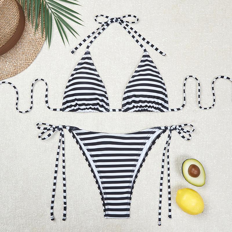 Split Swimsuit Three-point Striped Bikini Swimming Chest Pad Without Steel Support Striped Swimsuit Women's with Chest Pad