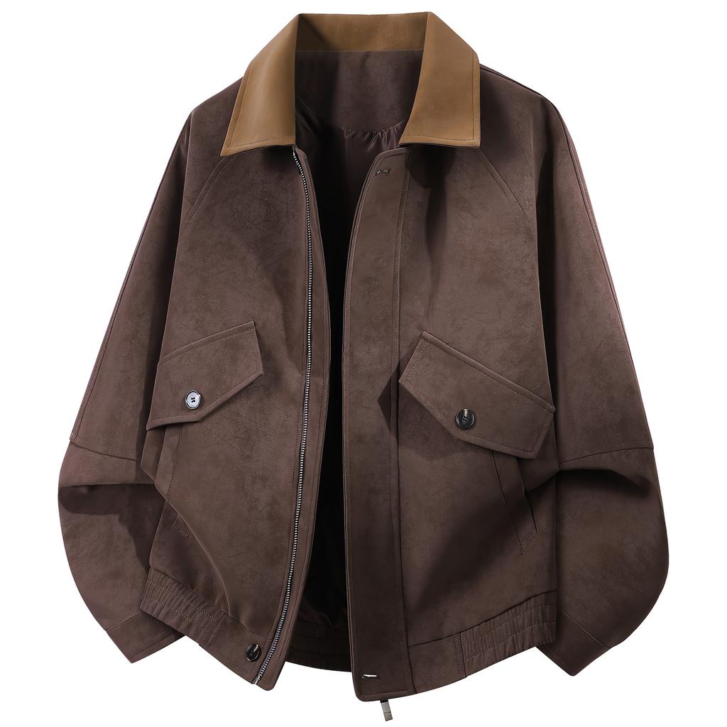 European size solid color lapel PU leather jacket men's spring and autumn loose large size suede jacket retro leather jacket