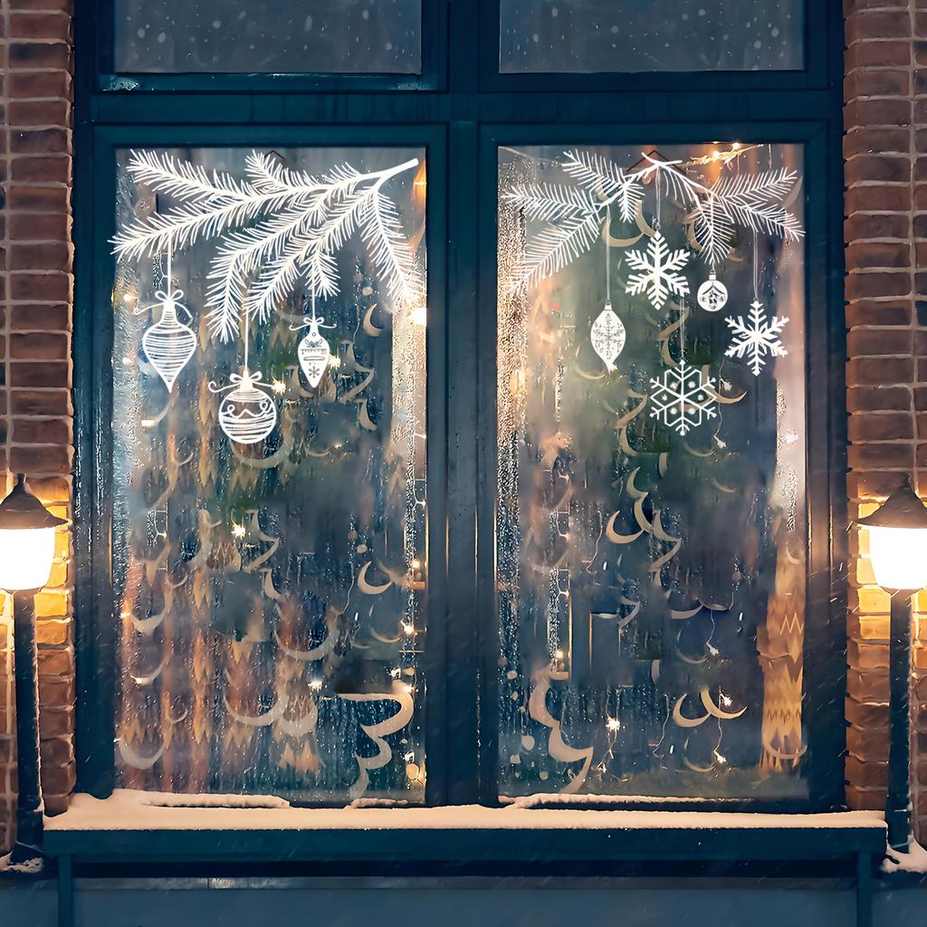1Set Christmas Pine Branch Window Stickers White Silhouette Style Self-Adhesive Wall Stickers Festive Glass Stickers Removable