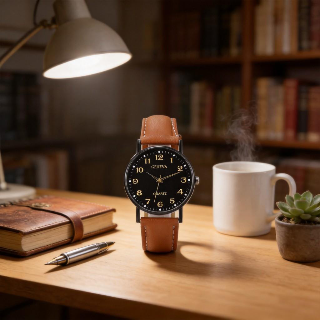 Montre à Quartz Style Collège Vintage Pour Femmes Et Hommes Avec Bracelet en Cuir Et Cadran Rond