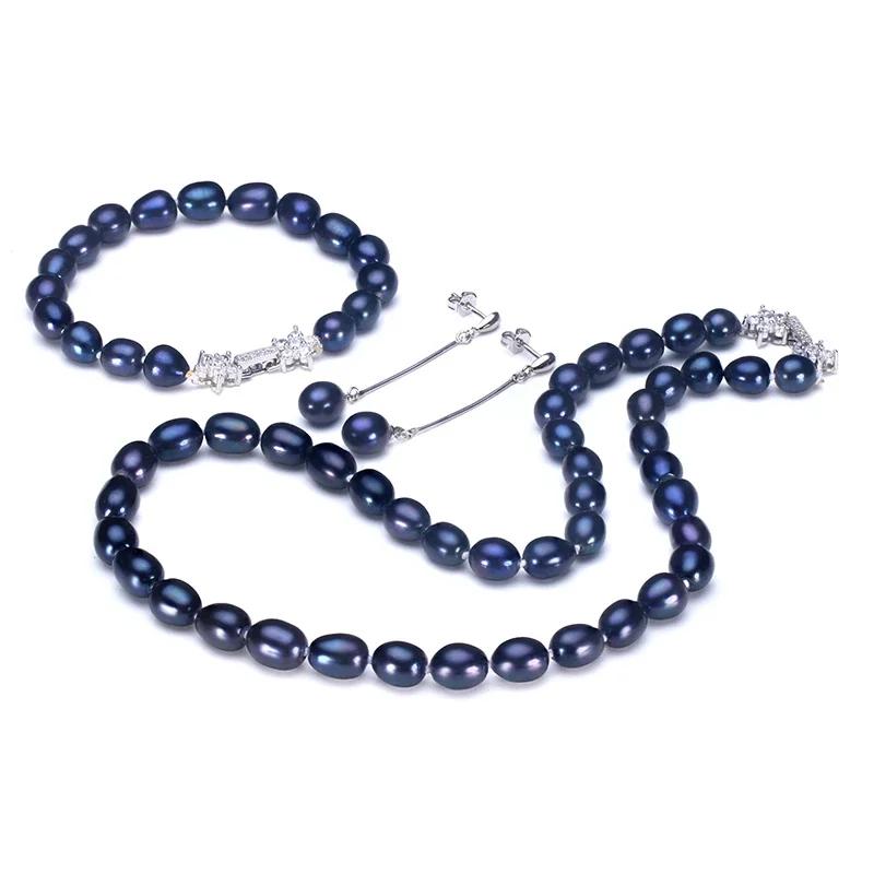 Natural Black Pearl Jewelry Sets For Women,Fashion Jewelry Dangle Earrings&Bracelet&Necklace,Rice Shape 8-9mm Pearl Star Zircon