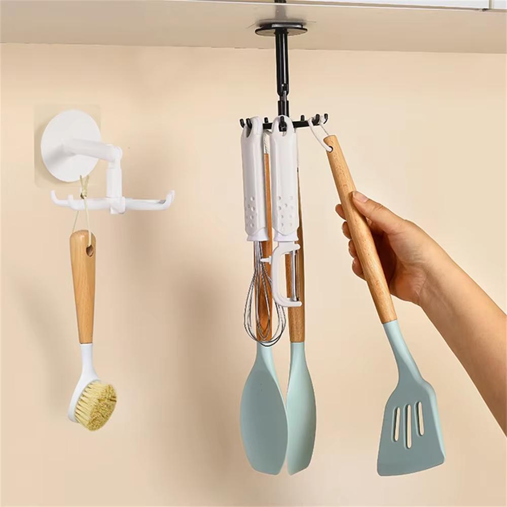 Multifunctional Rotatable 7Hooks Kitchen Storage Hanger No Drill Adhesive Hook Space Saving Home Organizer Tool Kitchen Bathroom