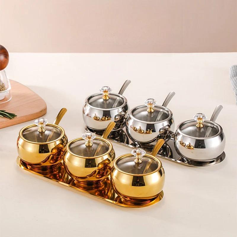 Azucarero de acero inoxidable con tapa y cuchara para condimentos de cocina, dorado y plateado, para servir azúcar, pimienta, sal y especias.