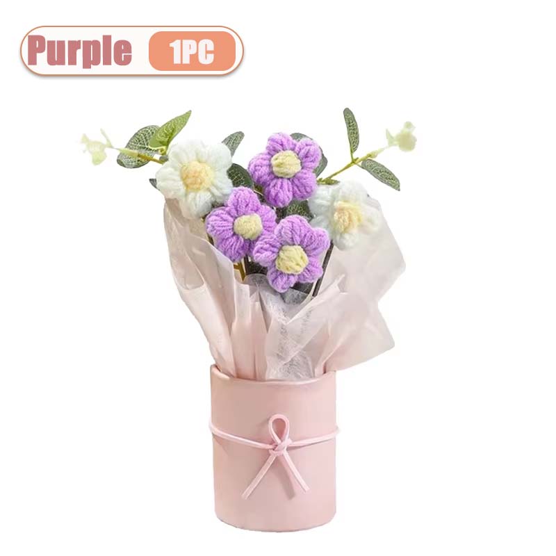 1-10PCS Knitted Flower Bouquet Gift Set Stitch Handmade Mother's Day Present Crochet Artificial Flower Bouquet Craft Home Decor