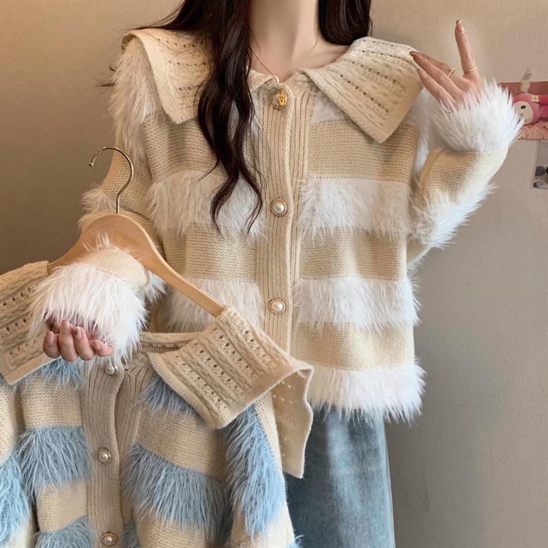 2024 Autumn/Winter Age-Defying Doll Collar Patchwork Stripe Plush Knit Sweater in Lazy Style