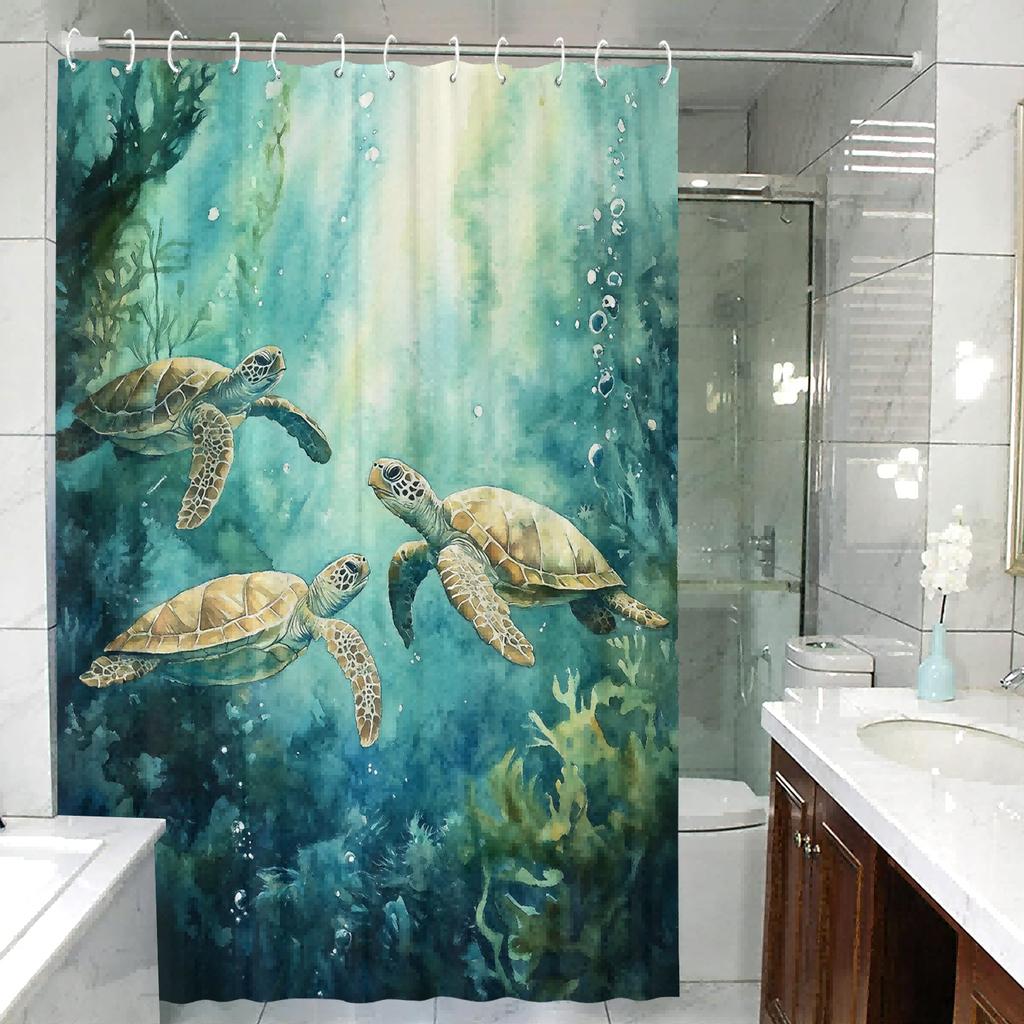 Ocean Turtle Theme Shower Curtain 12 Hooks For Room Home Hotel Washable Window Curtains Bathroom One Piece