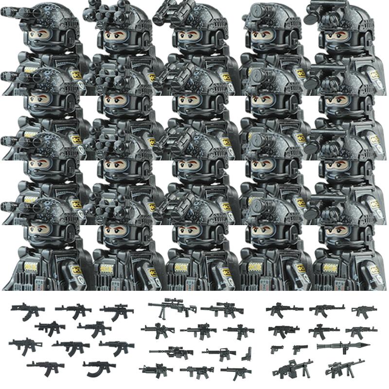 20PCS Military Army Figures Building Blocks SWAT Ghost Commando US Russia Special Forces Soldier Weapons Shield Belt Bricks Toys