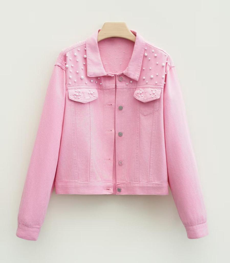 Europese & Amerikaanse Denim Jas met Kralen en Parels - Veelzijdig, Figuurcorrigerend, Los Kort Model voor Dames