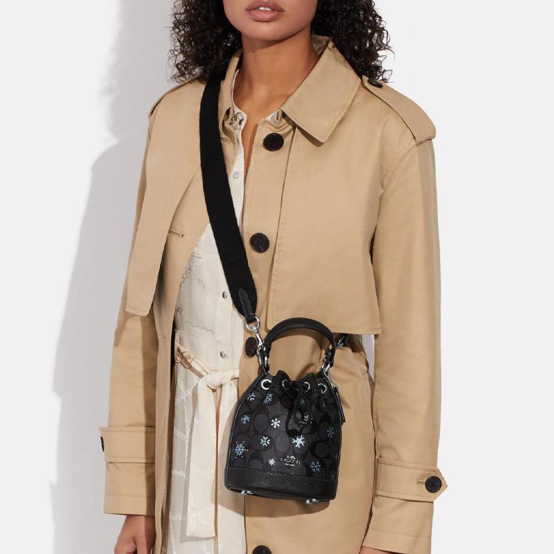 New COACH Dempsey Artificial Leather With Cow Leather Bucket Bag, Handbag, Shoulder Bag, Crossbody Bag Mini Women's Black CE587-SVV2W