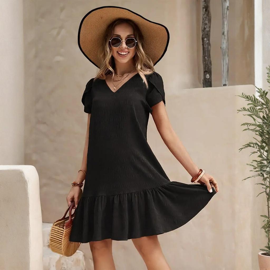 Fashionable Women's V-neck Color Loose Dress Casual Short Sleeved Dress