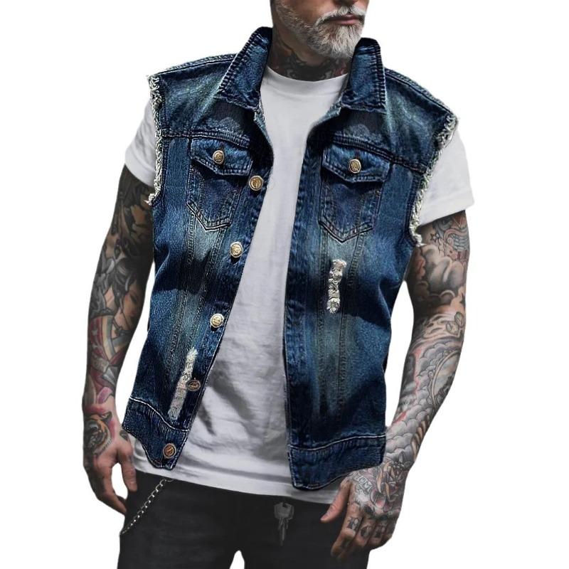 New Men's Denim Vest Casual Tooling Hole Locomotive Sleeveless Vest Top Men's Fashion