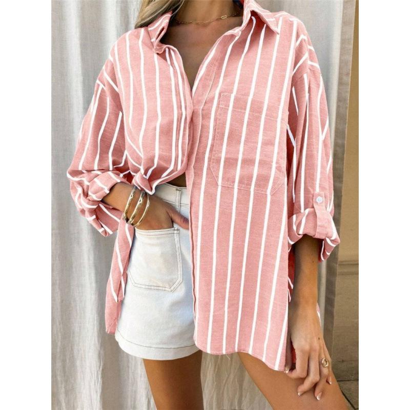 Women Striped Oversized Long Sleeve Button Down Shirt Casual Loose Top