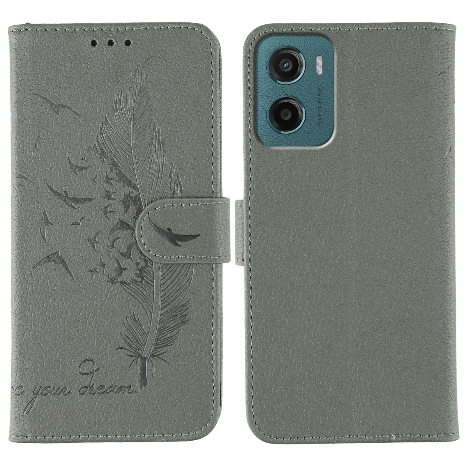 

For Motorola Moto G05 4G Case Feather Imprint PU Leather Wallet Phone Cover Grey