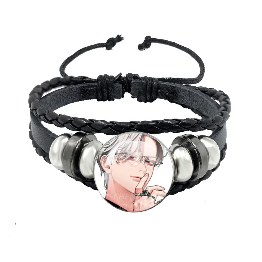 Manga Gokurakugai Cartoon Character Glass Cabochon Black Leather Bangle Bracelet Jewelry Charm Fans Gift MS013