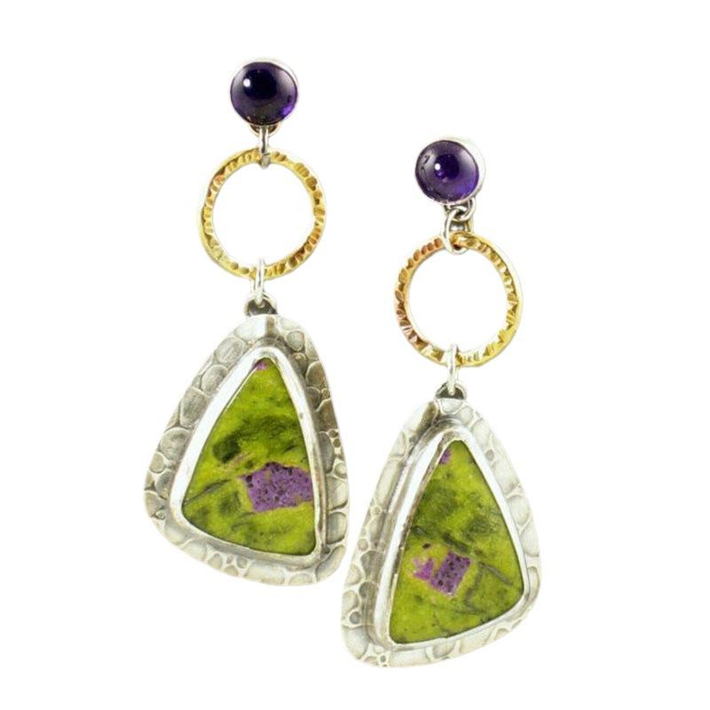 Vintage Ethnic Style Inlaid Amethyst Hanging Earrings Fashion Geometric Enamel Handmade Earrings
