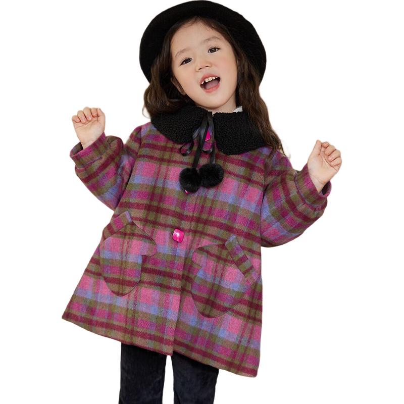 LUSON Girls Plaid Lapel Wool Blend Coat 130