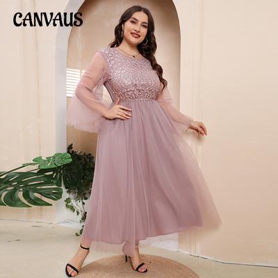 Vestido de mujer de primavera y verano, vestidos de manga larga de malla de talla grande, vestidos de noche, vestidos midi de fiesta de banquete