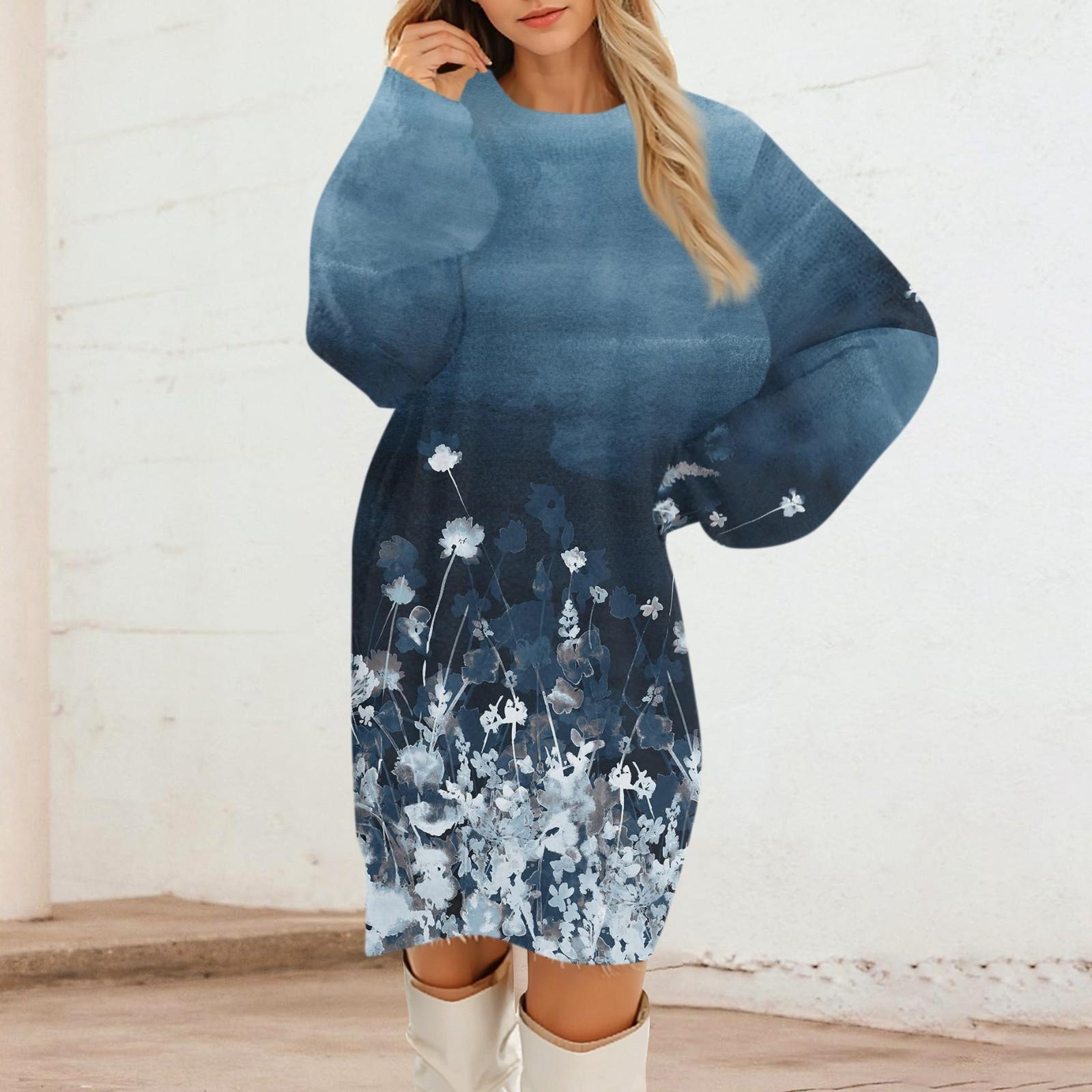 

Женские повседневные платья с круглым вырезом и длинным рукавом из плюша с градиентным винтажным цветочным принтом M