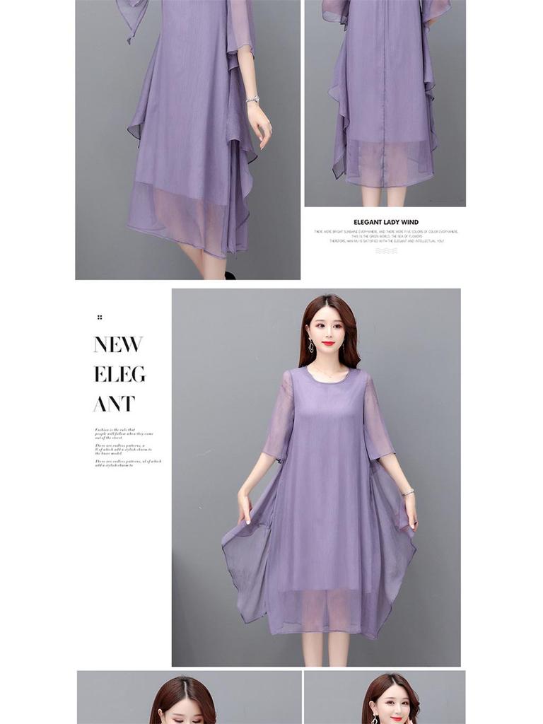 Women's Summer 2023 Silk Crepe A-line Dress: Mid-length, Solid Color, Loose Fit, Tummy-Covering, Fashionable and Elegant.